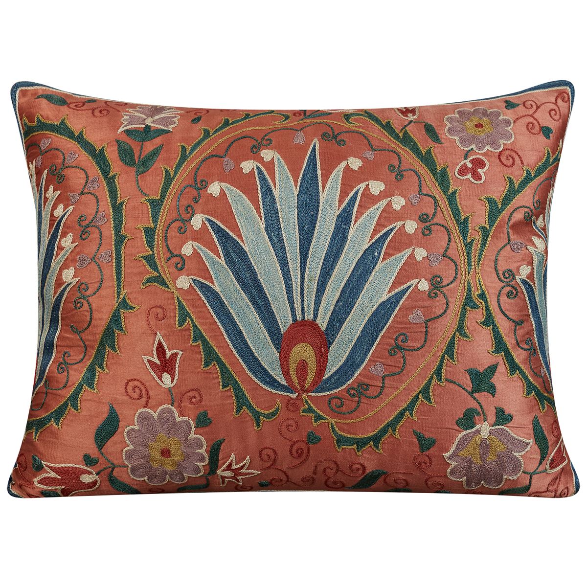 Rectangular silk suzani cushion with stylised pomegranate rosette design