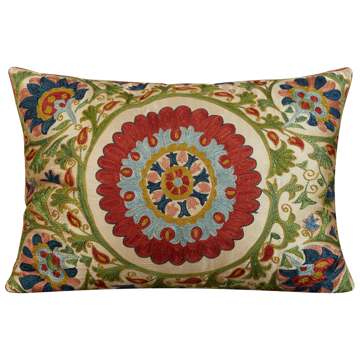 Rectangular silk suzani cushion with green scrolling vine and central medallion