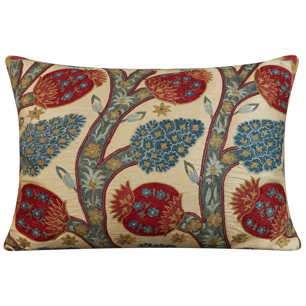 Rectangular silk suzani cushion with pomegranate design on cream ground