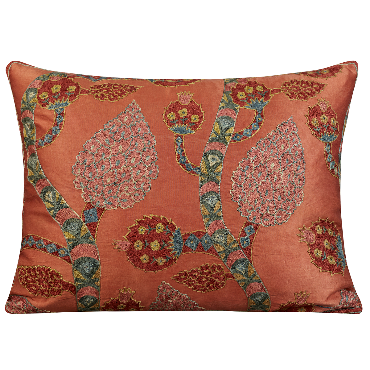 Rectangular silk suzani with vine and pomegranate design on pink ground
