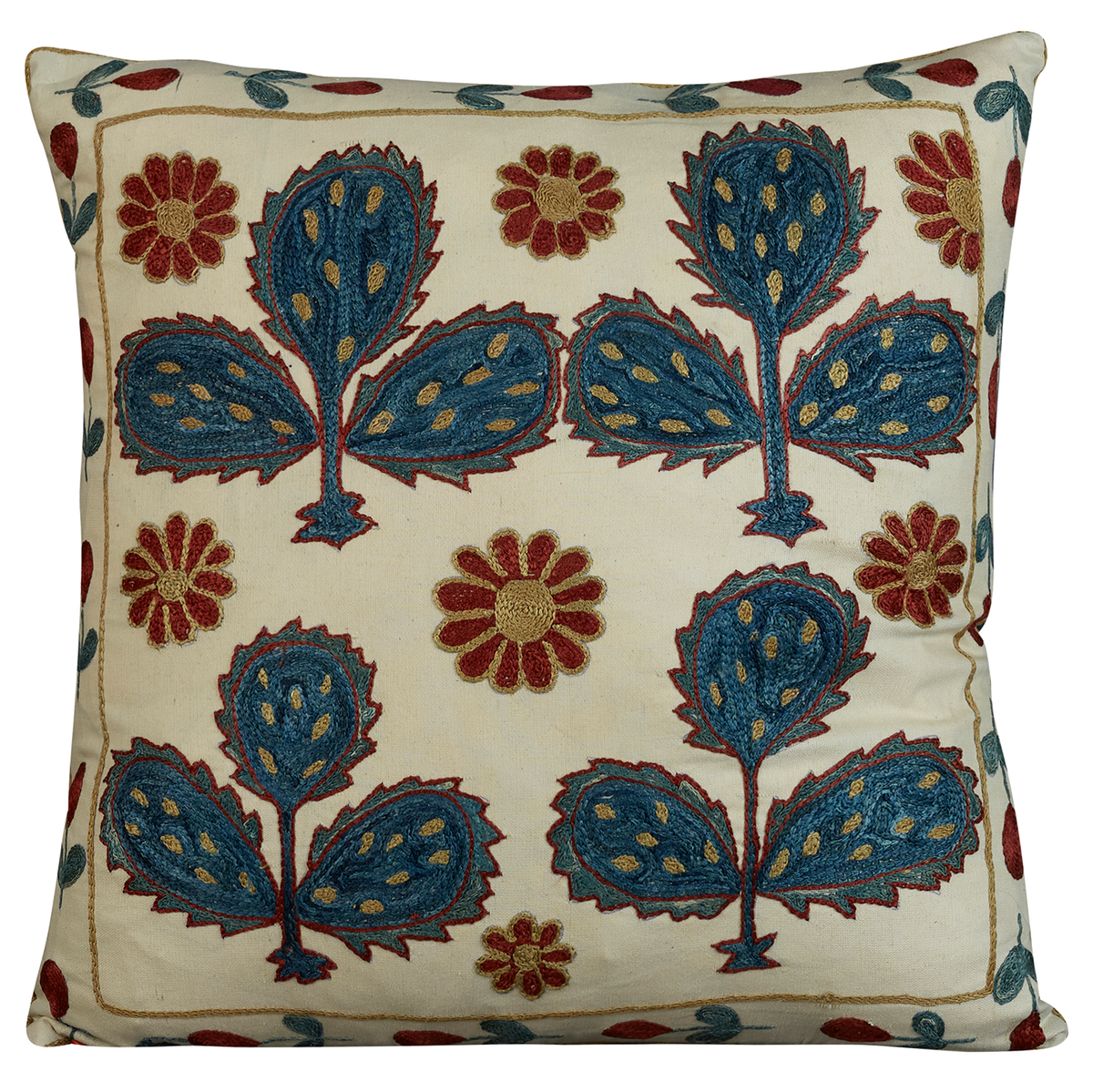 Square silk suzani embroidered cushion - pillow with naive Ottoman floral design