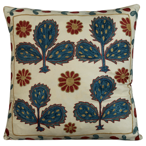 Square silk suzani embroidered cushion - pillow with naive Ottoman floral design