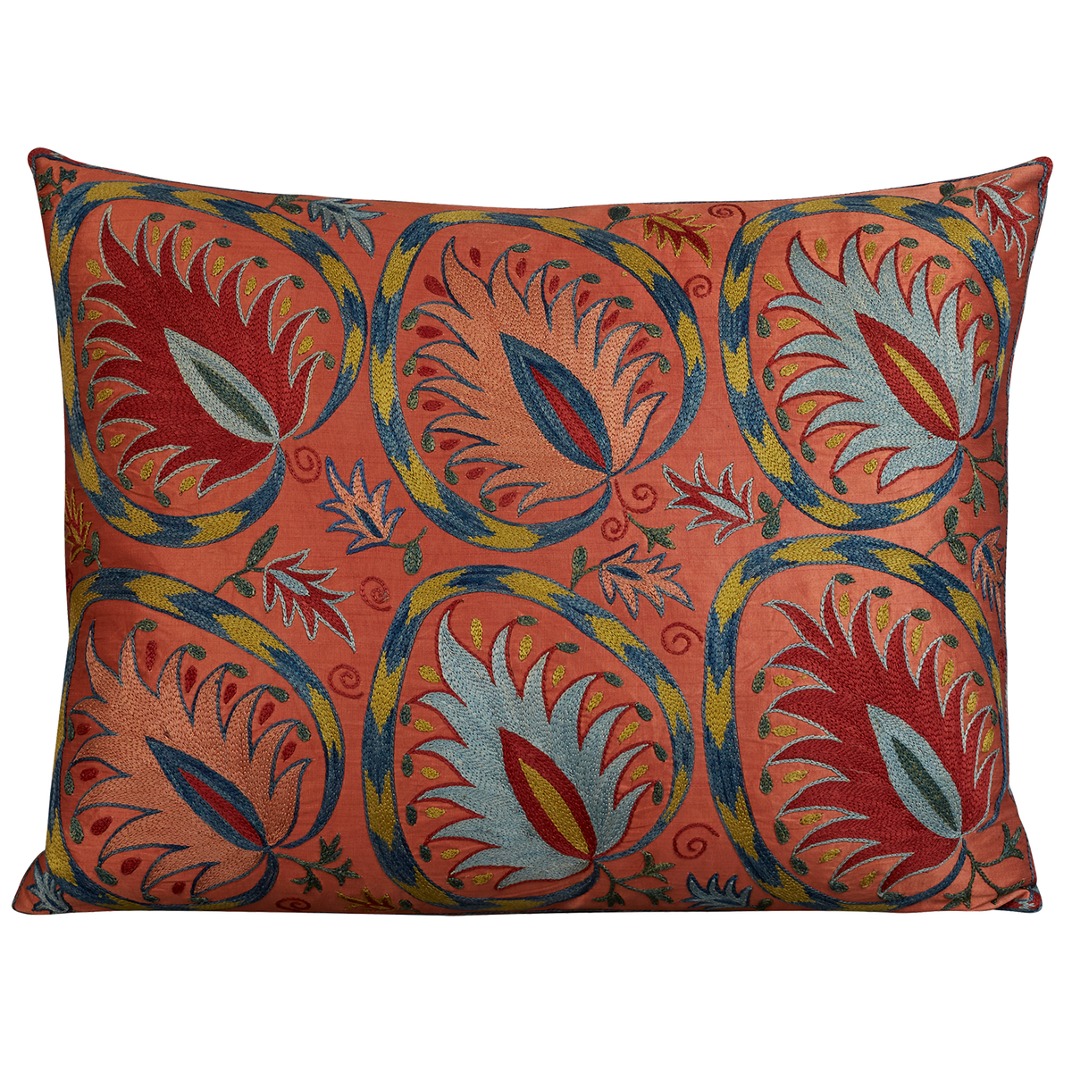 Rectangular Pink silk suzani embroidered cushion with symmetrical floral design and border