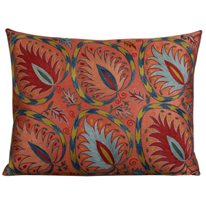 Rectangular Pink silk suzani embroidered cushion with symmetrical floral design and border