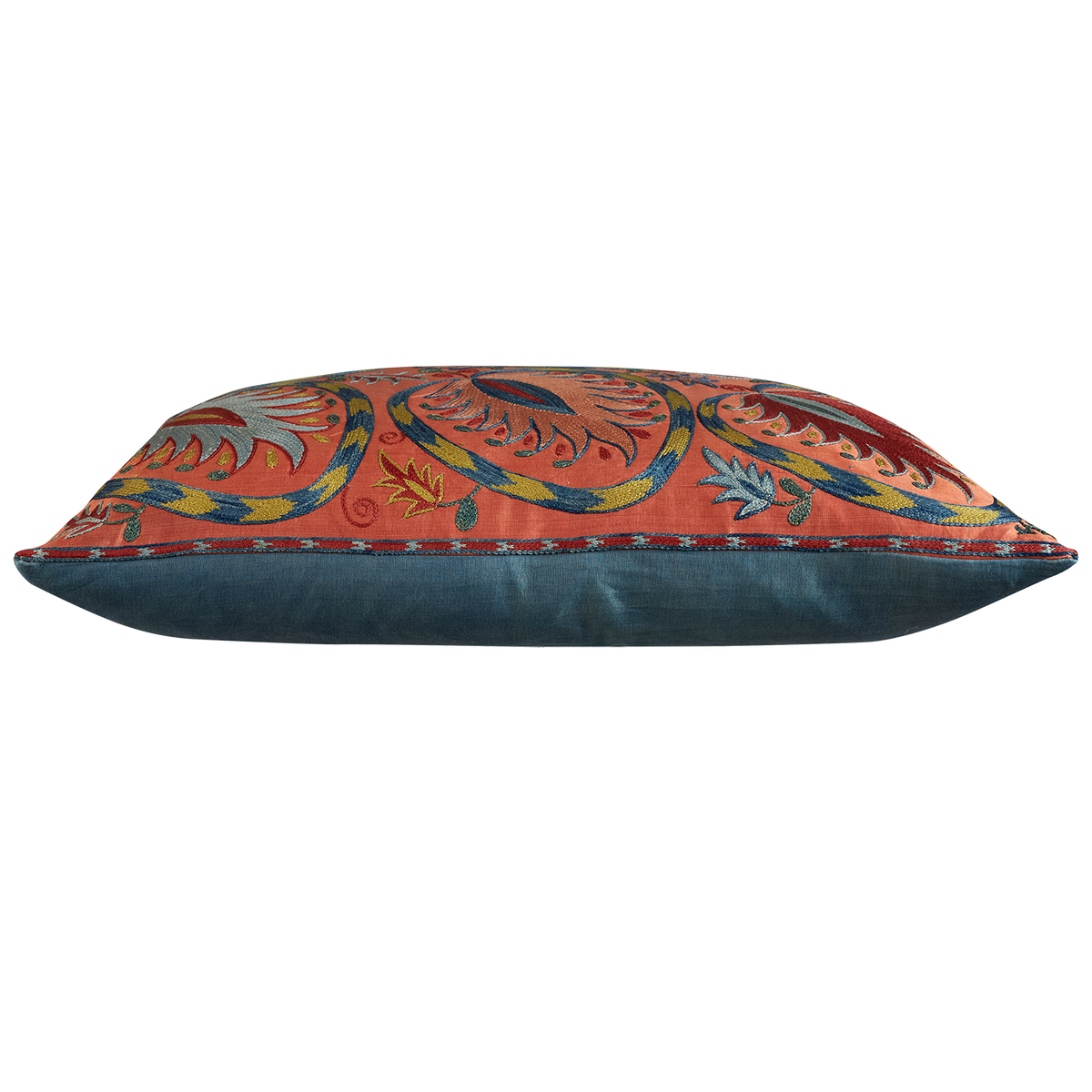Rectangular Pink silk suzani embroidered cushion with symmetrical floral design and border