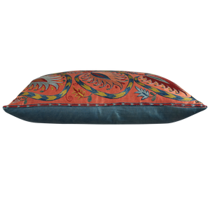 Rectangular Pink silk suzani embroidered cushion with symmetrical floral design and border