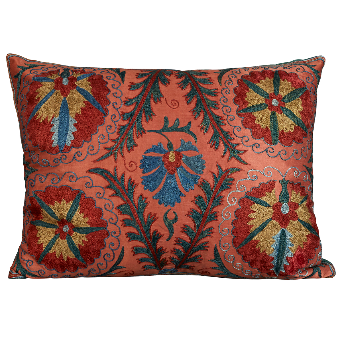 Rectangular silk suzani cushion with symmetrical floral design on pink ground with border