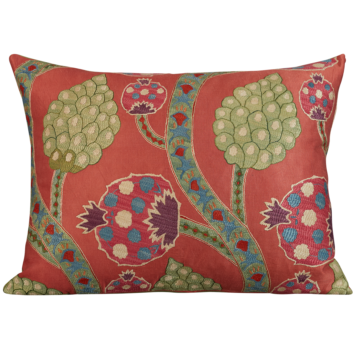 Large rectangular stylised carnation and cypress Caucasian embroidered cushion on pale madder background