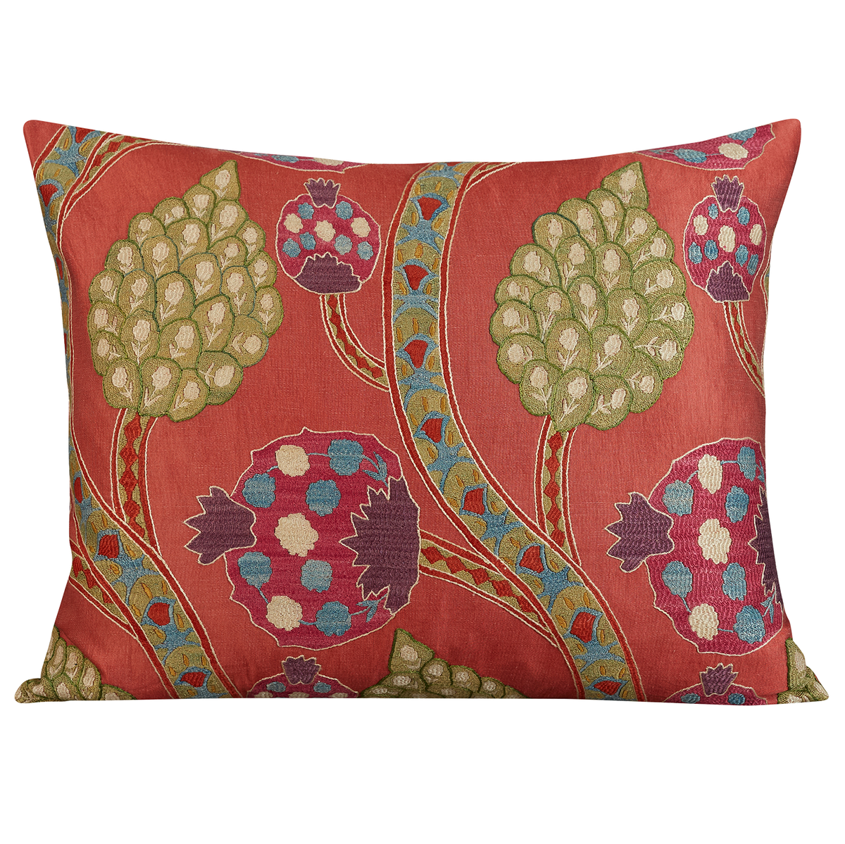 Large rectangular stylised carnation and cypress Caucasian embroidered cushion on pale madder background and green silk back
