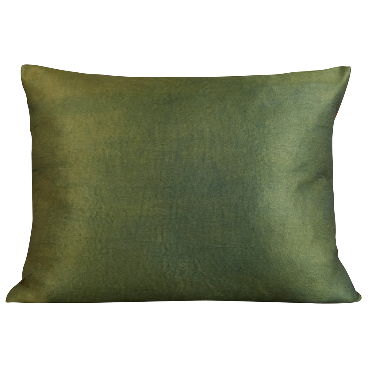 Large rectangular stylised carnation and cypress Caucasian embroidered cushion on pale madder background and green silk back
