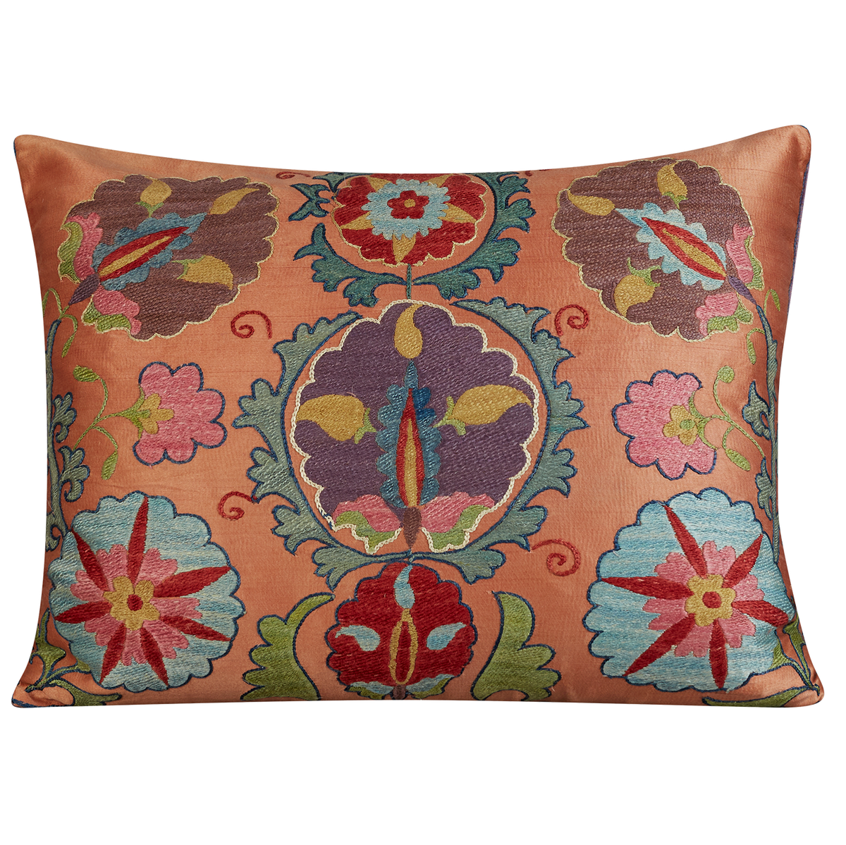 Rectangular stylised floral and palmette design suzani on pink ground