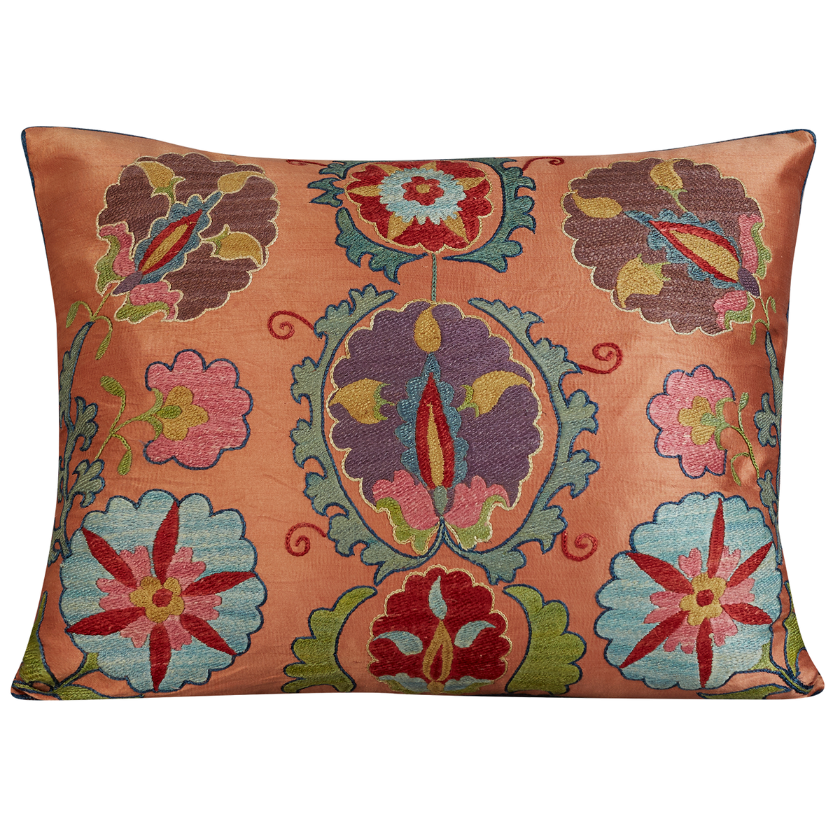 Rectangular stylised floral and palmette design suzani on pink ground and purple back