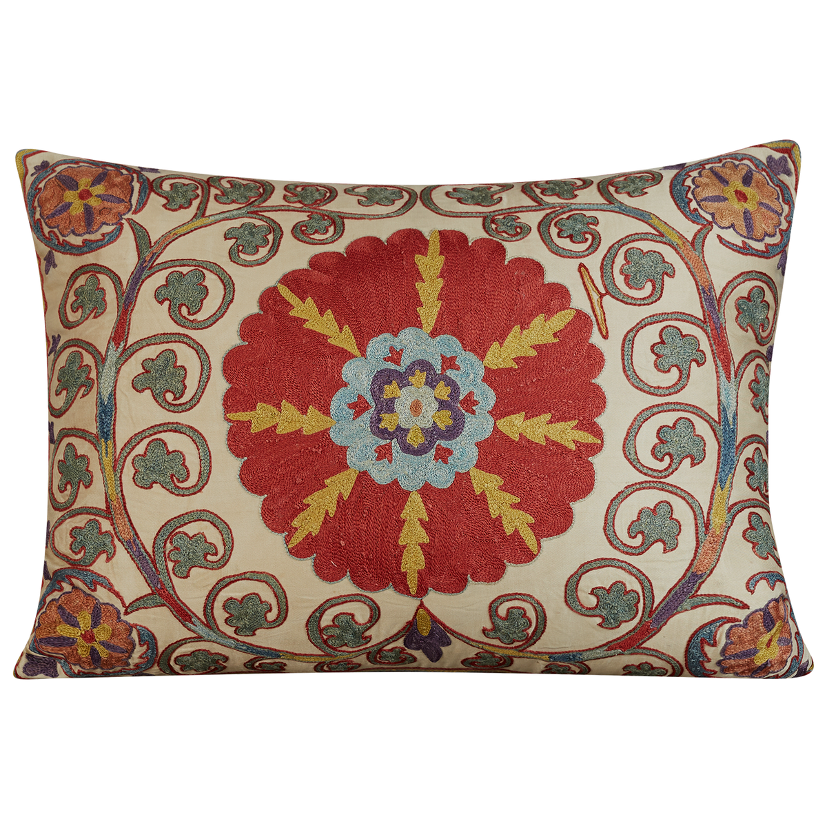 Rectangular bold medallion design suzani on cream ground with scrolling vine