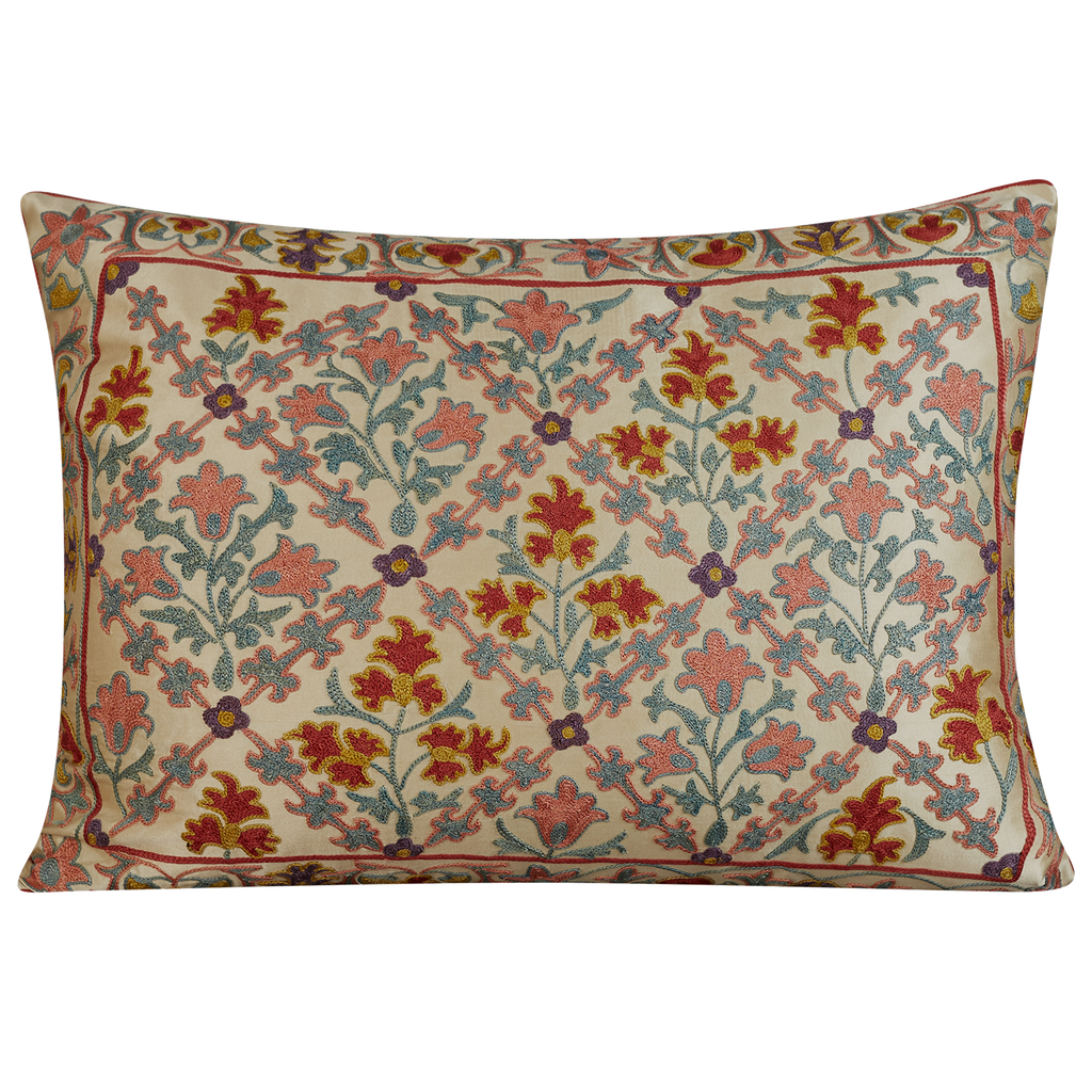 Rectangular Pink blue and red lattice design suzani on cream ground