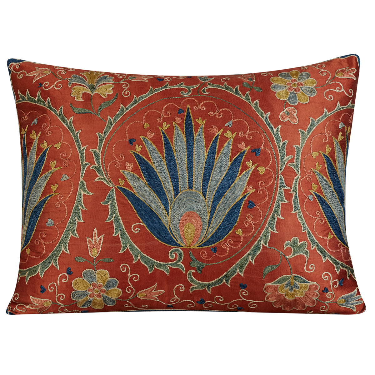 Rectangular stylised lotus-tulip motif surrounded by scrolling floral vine design suzani cushion