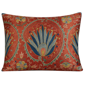 Rectangular stylised lotus-tulip motif surrounded by scrolling floral vine design suzani cushion