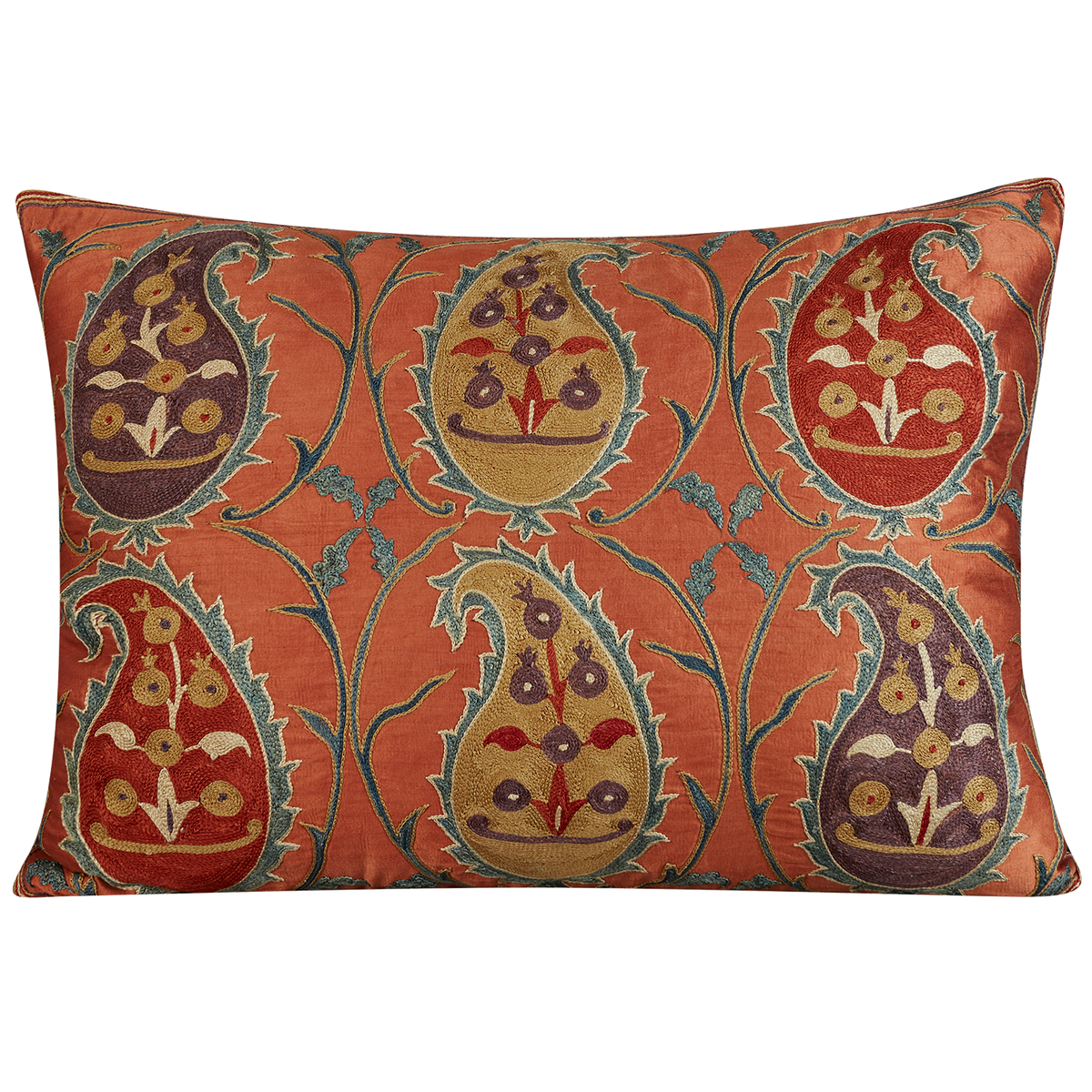 Rectangular multicoloured paisley design suzani cushion on apricot pink ground