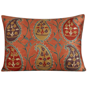 Rectangular multicoloured paisley design suzani cushion on apricot pink ground