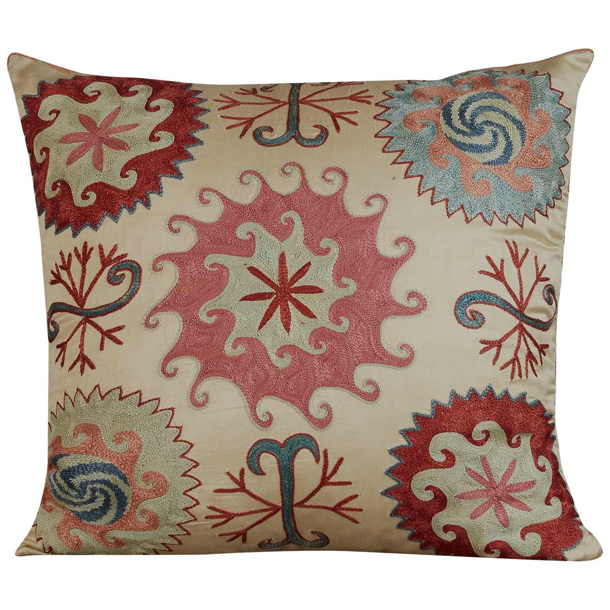 Square Anatolian design suzani on cream ground with blue silk back