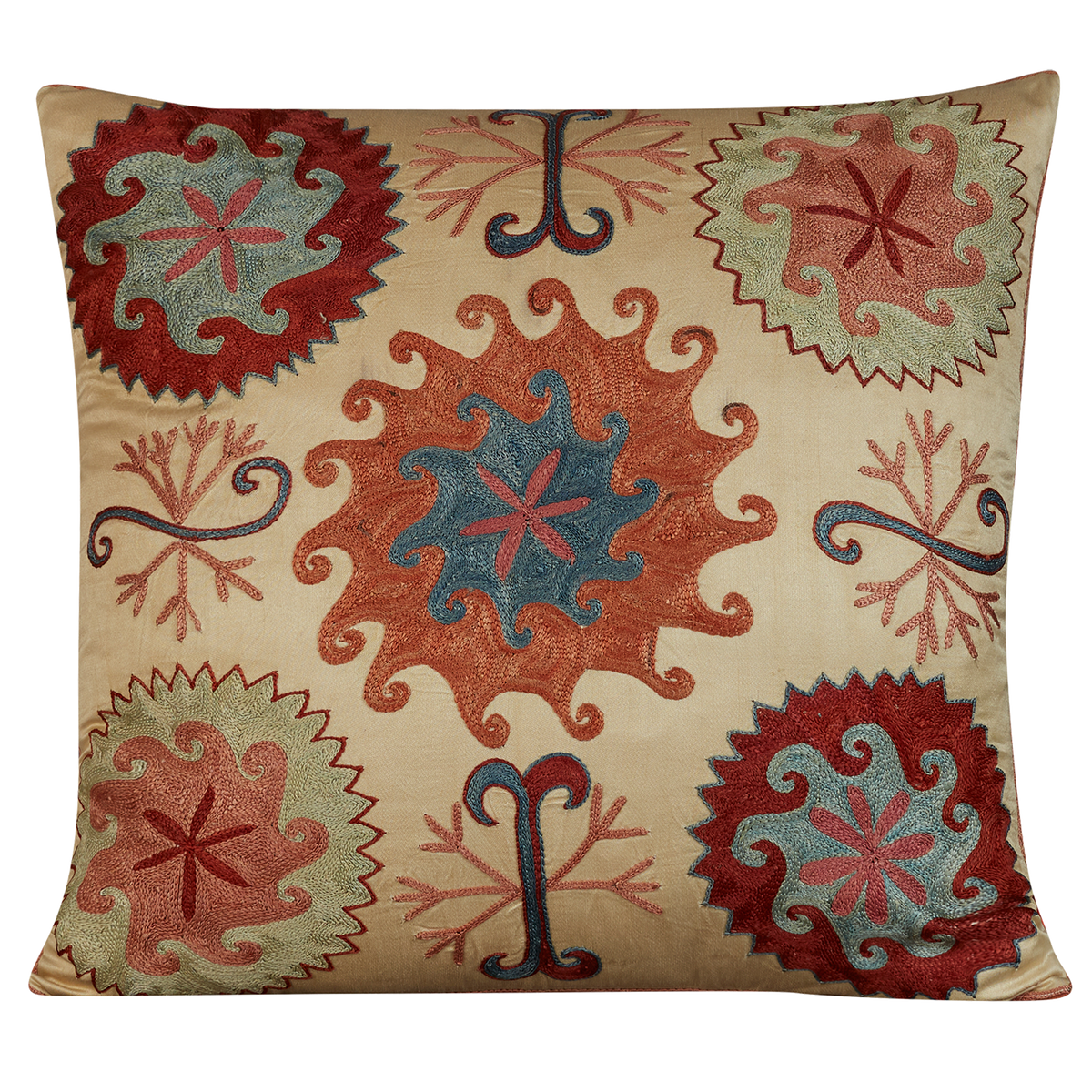 Square Anatolian design suzani on cream ground with pink silk back