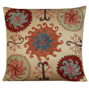 Square Anatolian design suzani on cream ground with pink silk back