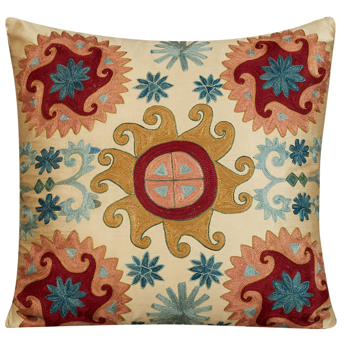 Square Anatolian design suzani on cream ground with blue silk back
