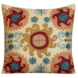 Square Anatolian design suzani on cream ground with blue silk back