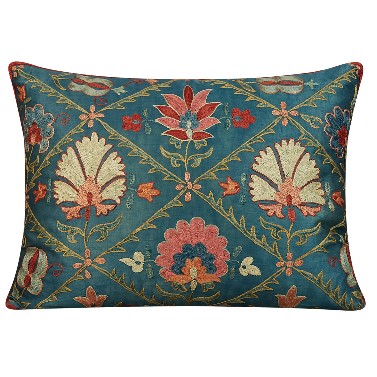Rectangular trellis and floral design suzani on blue ground