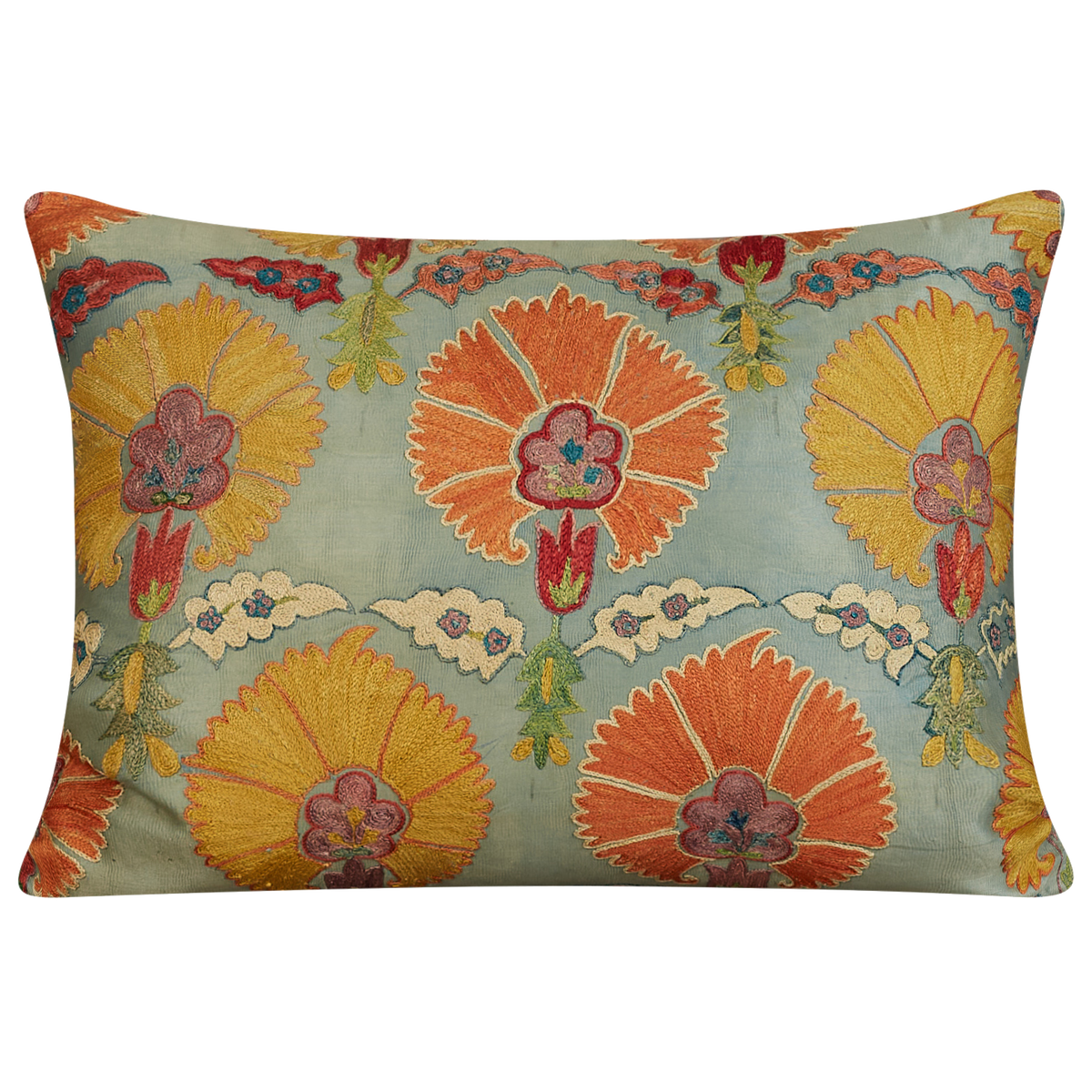 Rectangular bold yellow and orange carnation design suzani on pale blue ground