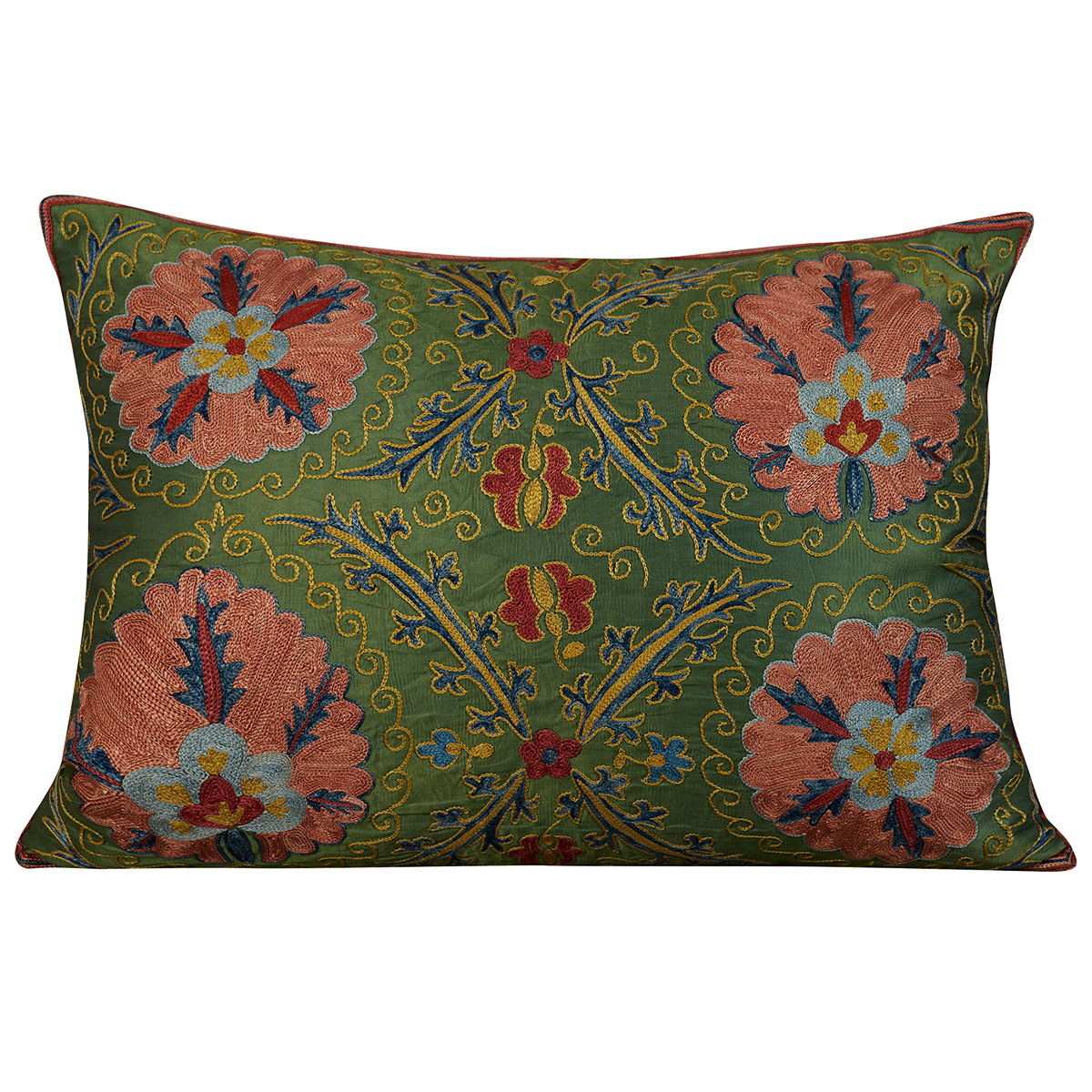 Rectangular silk suzani cushion with pink floral design  on forest green ground