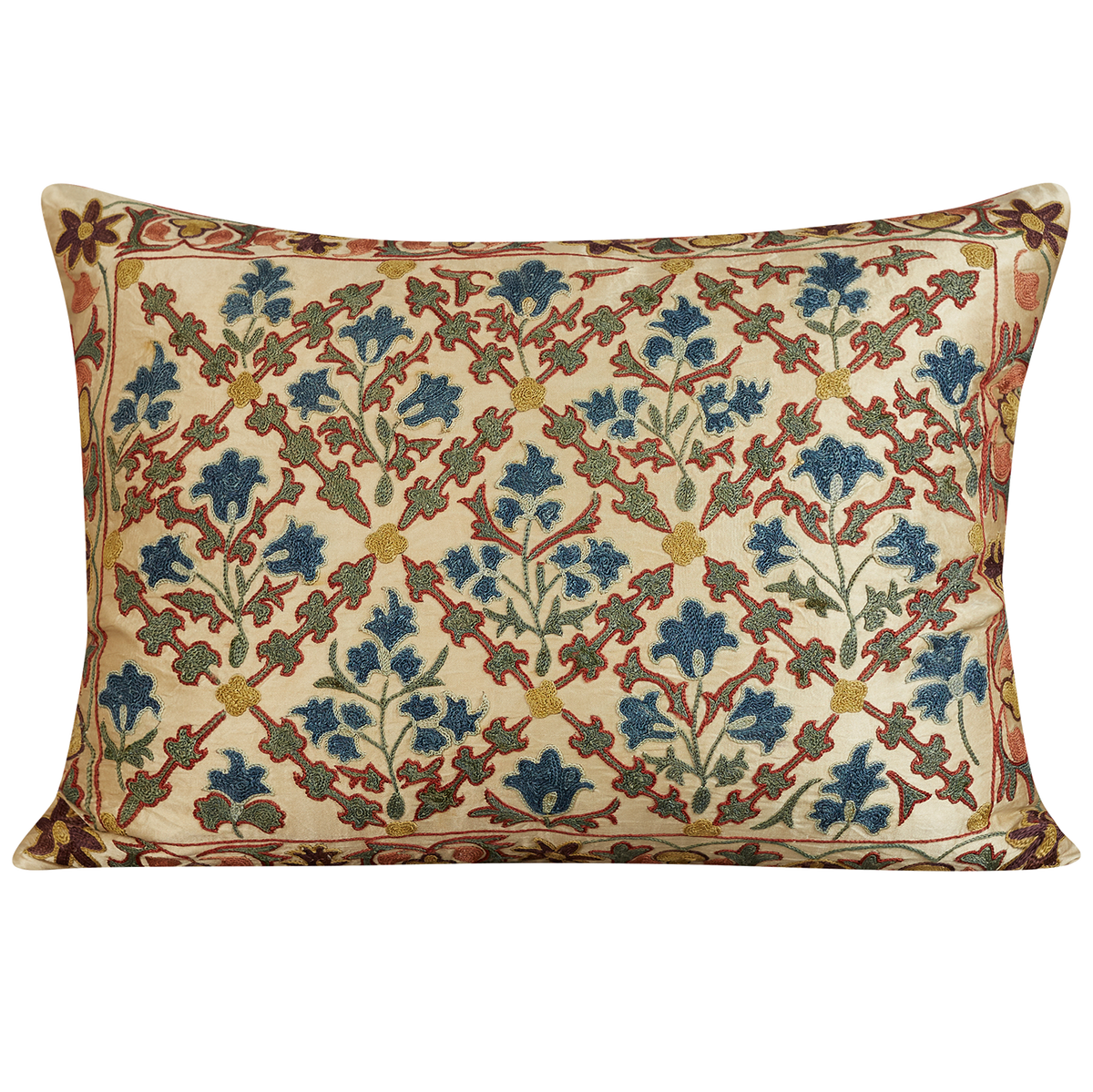Rectangular blue and red floral trellis design suzani on cream ground