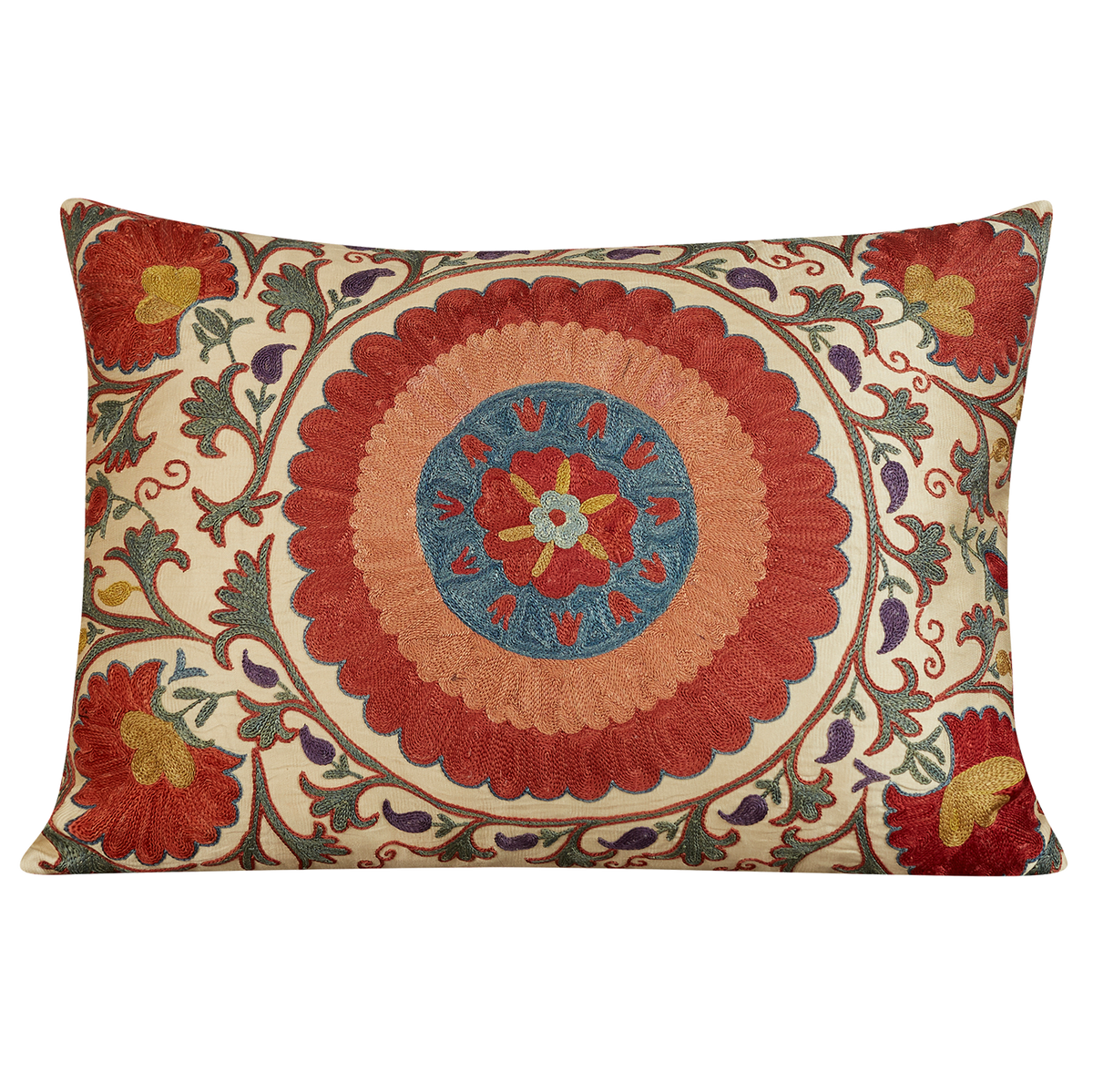 Rectangular bold floral design suzani with large red and pink central medalion