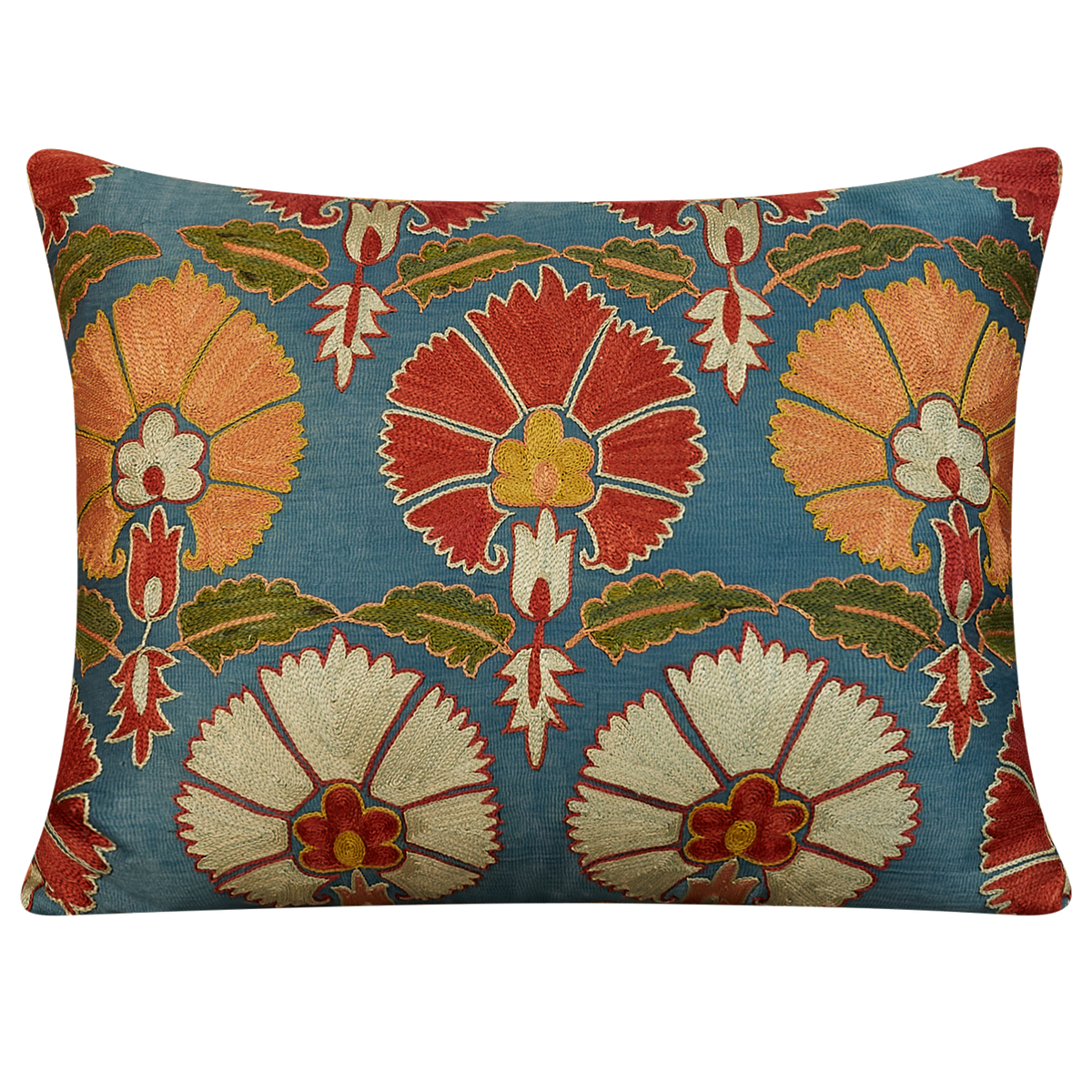 Rectangular floral design suzani with carnation design on blue ground