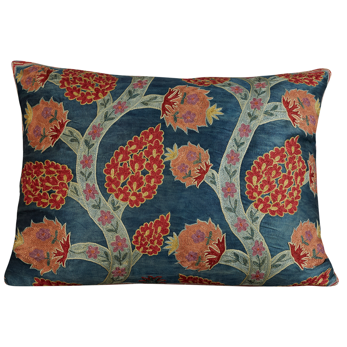 Rectangular pomegranate and vine design suzani on blue ground
