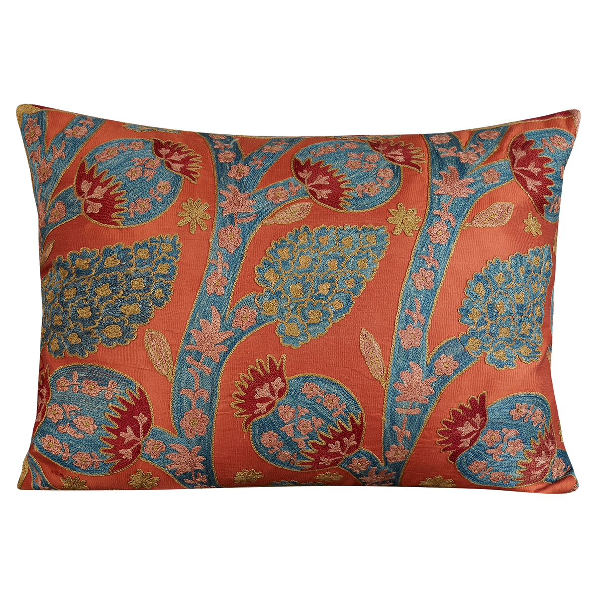 Rectangular pomegranate and vine design suzani on apricot ground and blue silk back