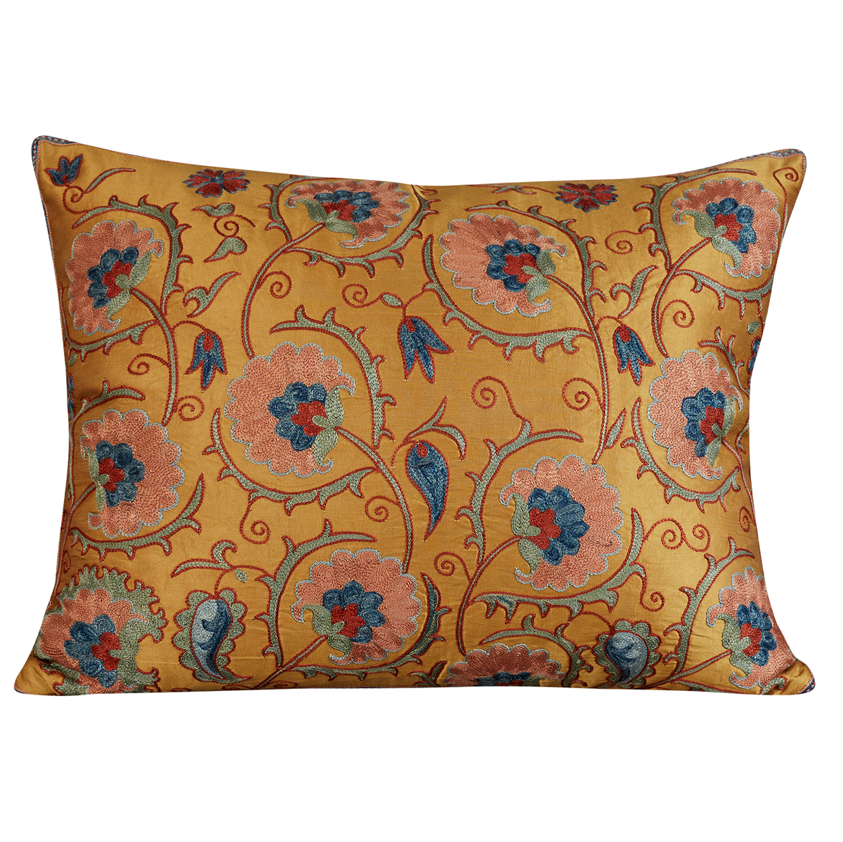 Rectangular carnation and vine design suzani on gold ground