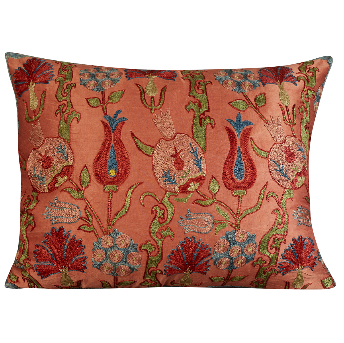 Rectangular carnation, pomegranate, tulip, floral design suzani on pink/coral ground
