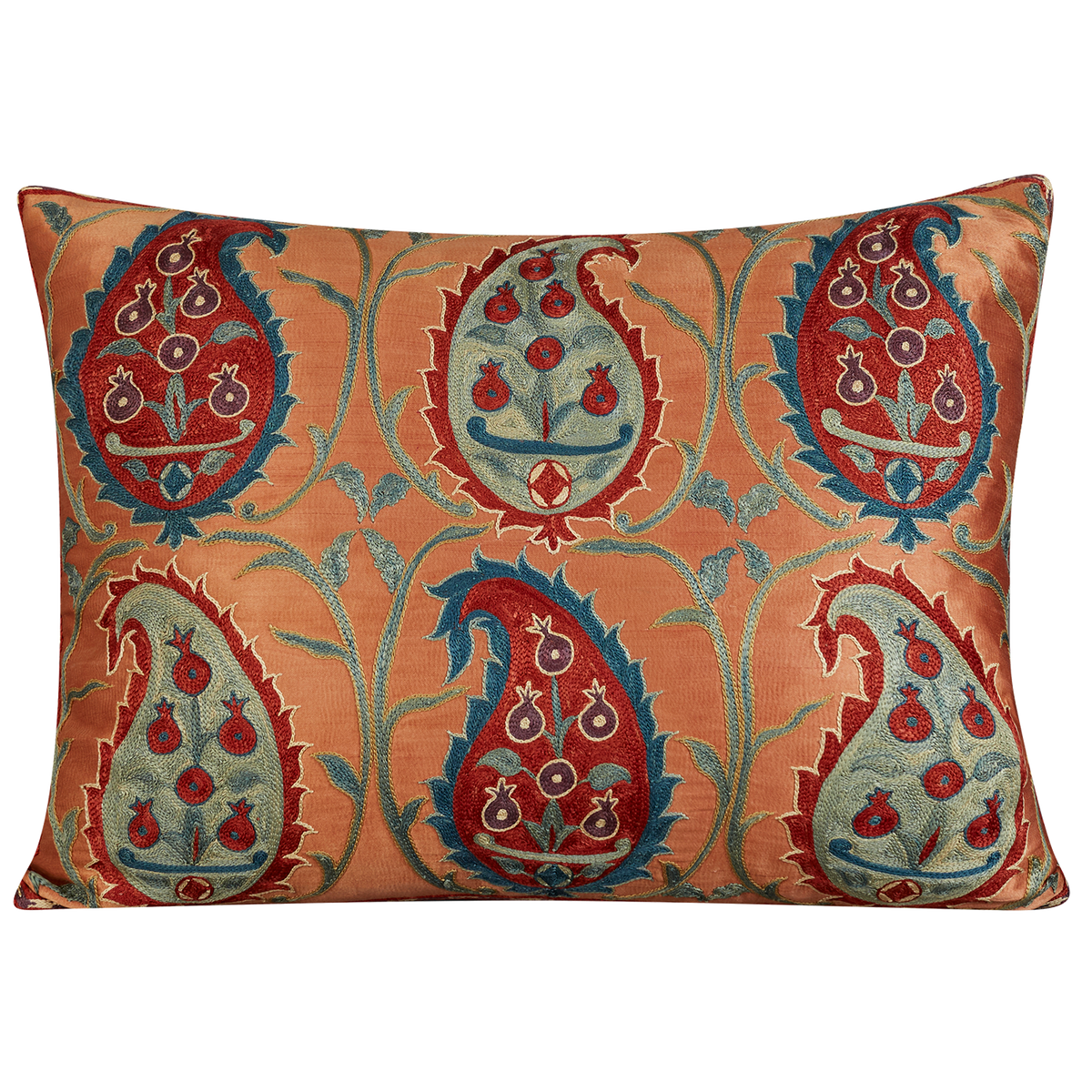 Rectangular red and blue paisley with vine design suzani on salmon pink ground