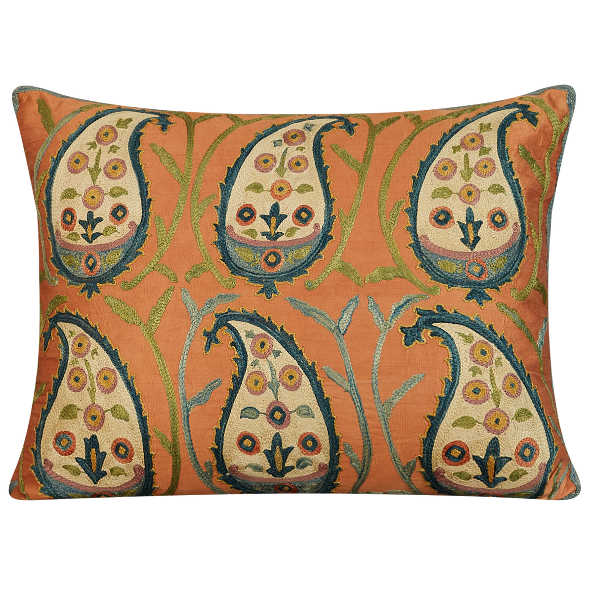 Rectangular cream paisley and vine design suzani on salmon pink ground