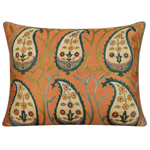 Rectangular cream paisley and vine design suzani on salmon pink ground