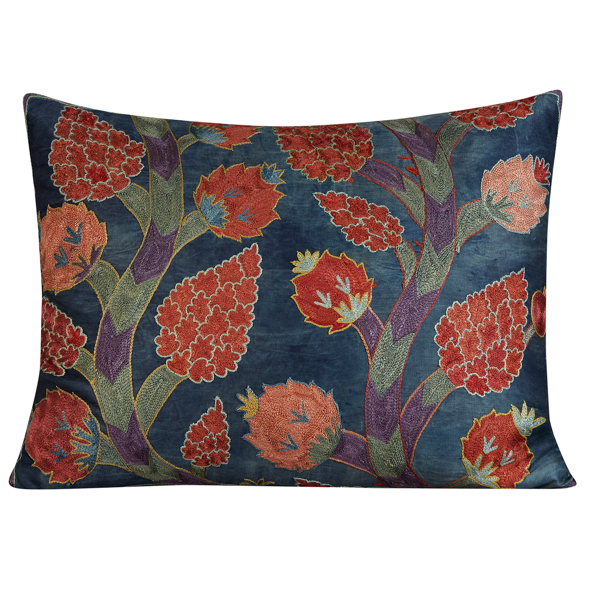 Rectangular pomegranate and vine design suzani on dark blue ground