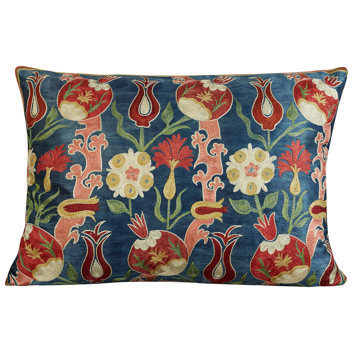 Rectangular floral red/pink pomegranate design suzani on dark blue ground