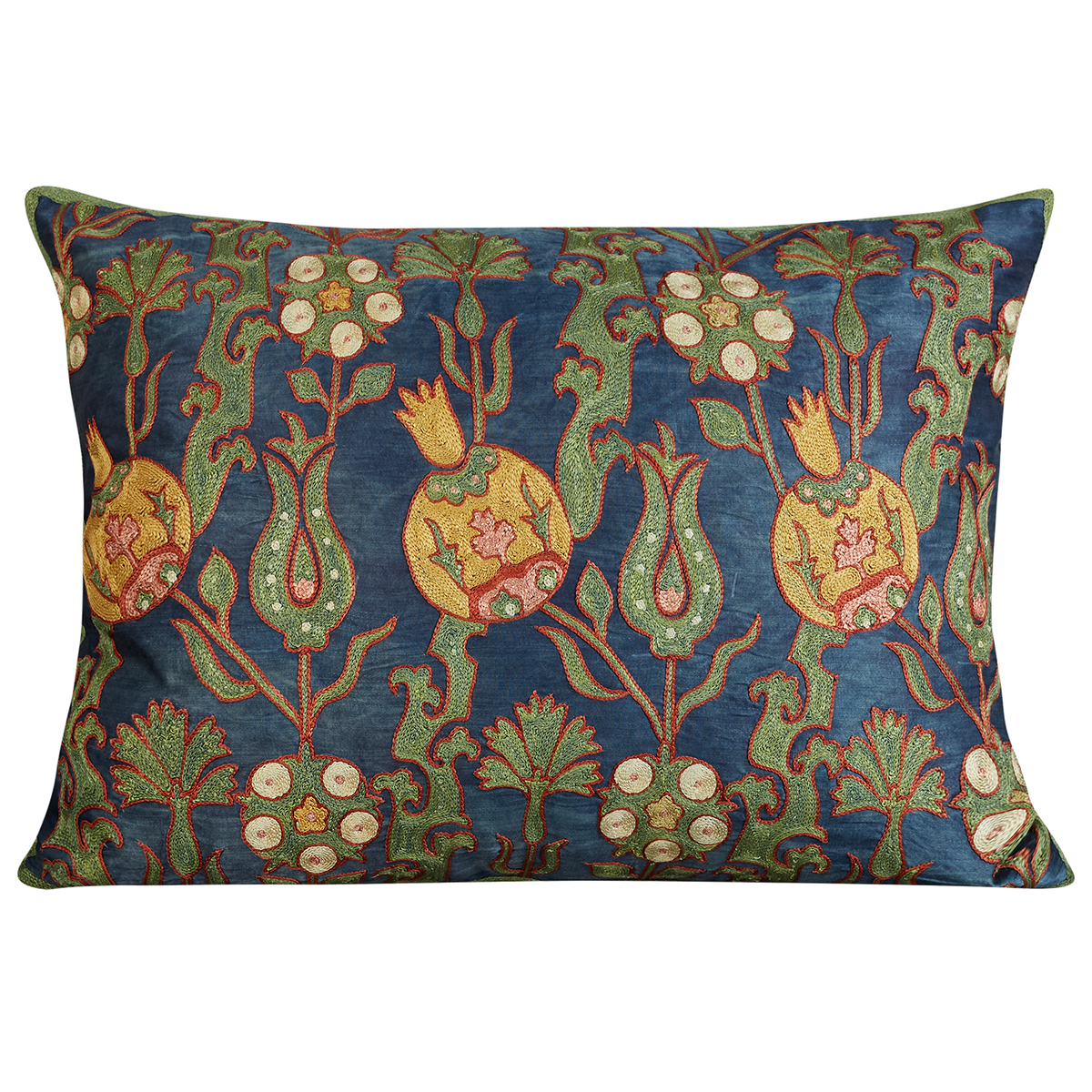 Rectangular floral yellow pomegranate design suzani on dark blue ground