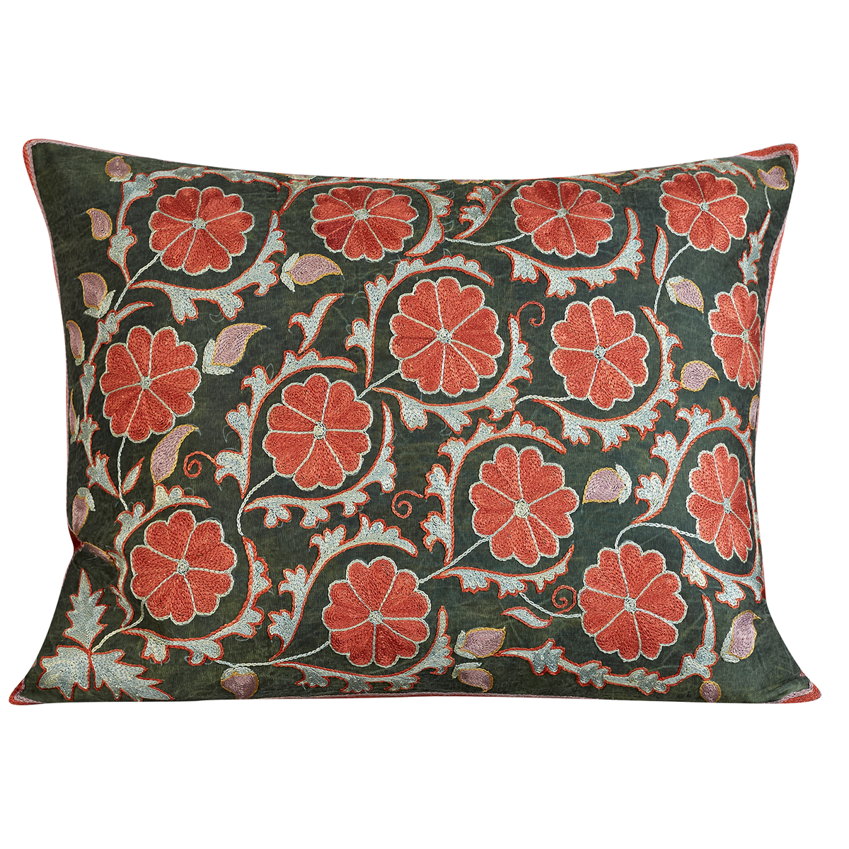 Rectangular simplified carnation design suzani on forest green ground