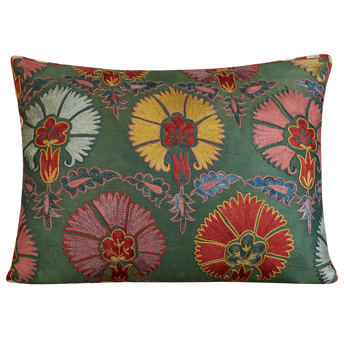 Rectangular multicoloured carnation design suzani on green ground