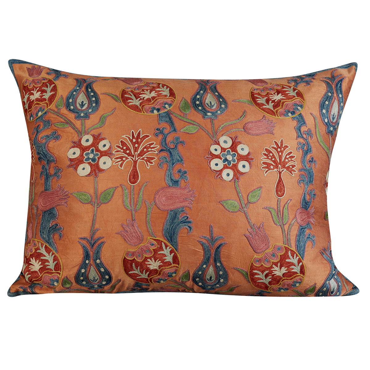 Rectangular red and pink pomegranate design suzani on salmon pink ground