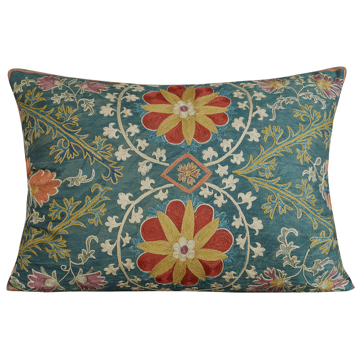 Rectangular daisies and chrysanthemums design suzani on blue/green ground