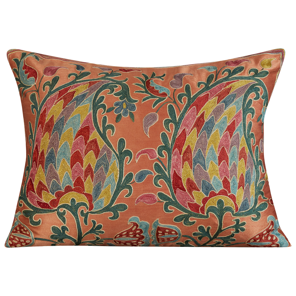Rectangular multicoloured double paisley design suzani on dark pink salmon ground
