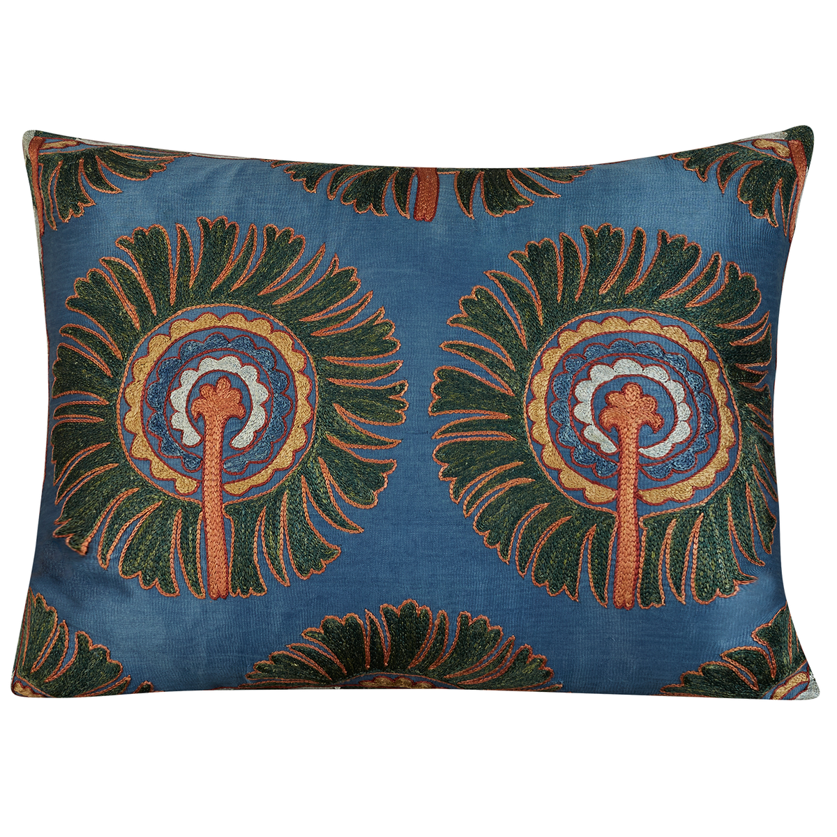 Rectangular sunburnt medallion design suzani on blue ground