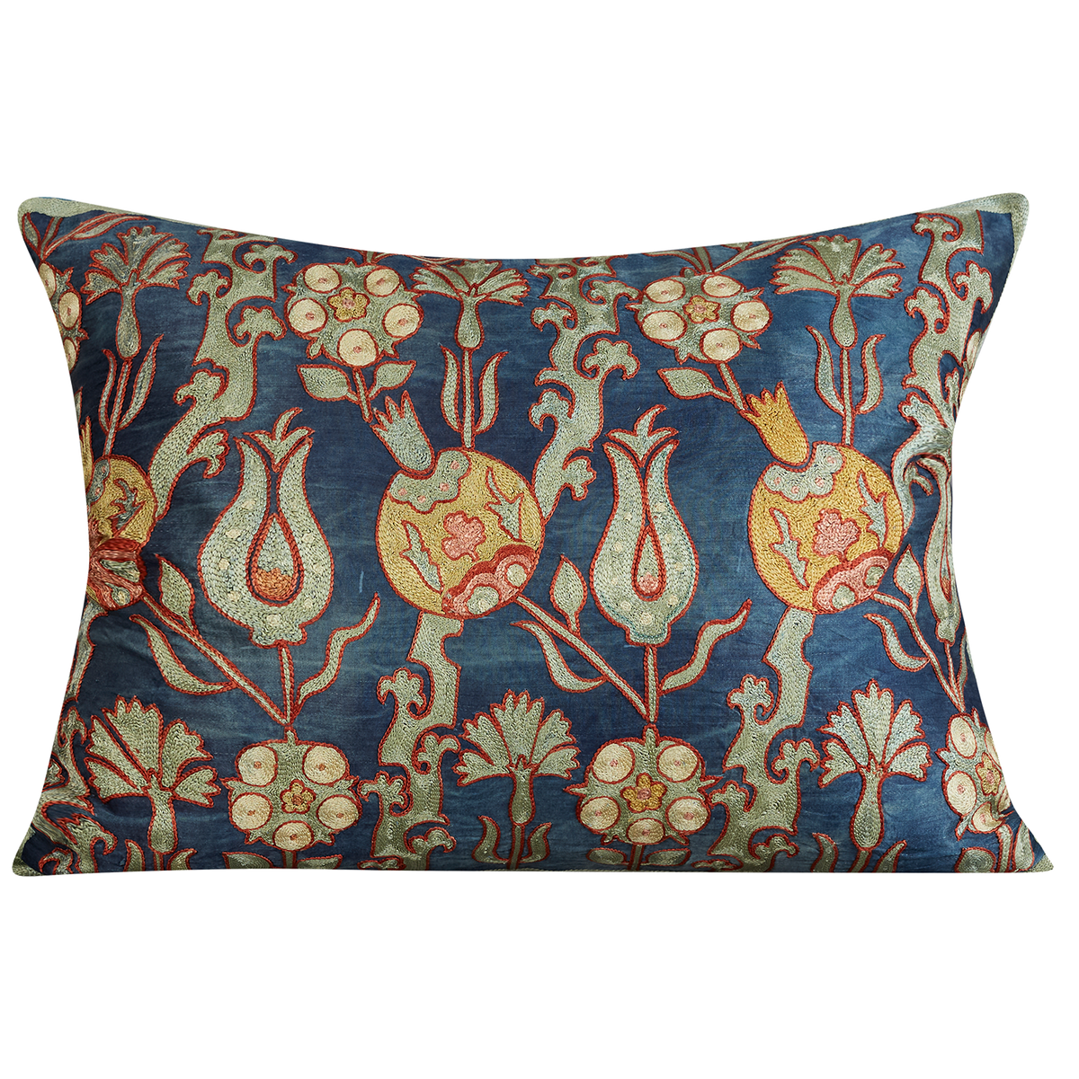 Rectangular olive/blue pomegranate design suzani on midnight blue ground